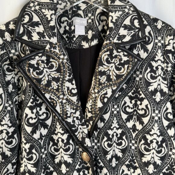 Chicos Beaded Cream & Black Tapestry Jacquard Jacket Blazer Sz 2=US 12 - Picture 3 of 11